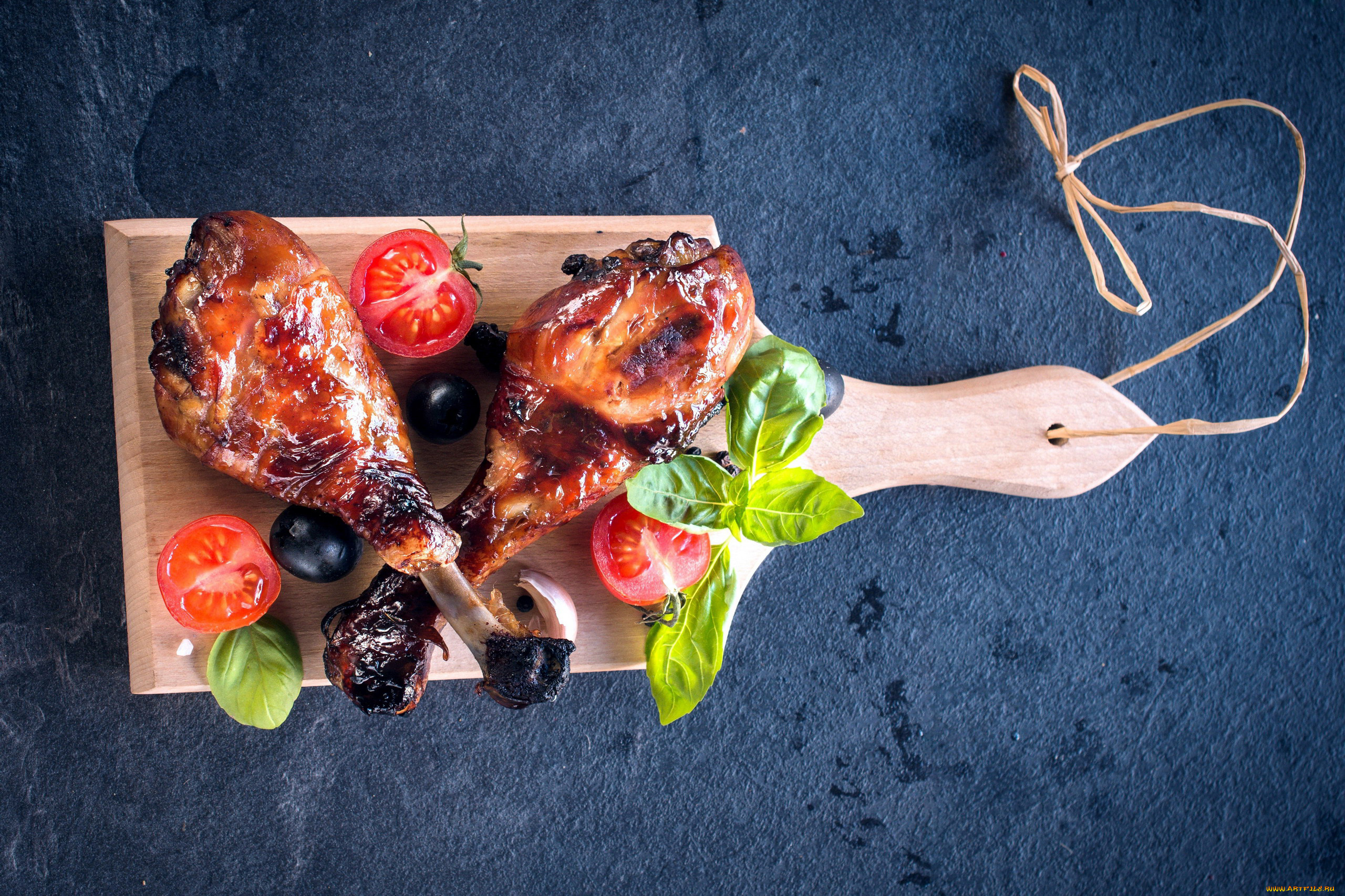 еда, мясные, блюда, маслины, базилик, помидор, куриные, ножки