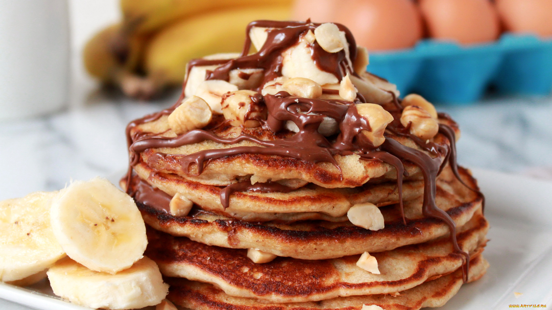 еда, блины, , оладьи, банан, десерт, шоколадный, сироп