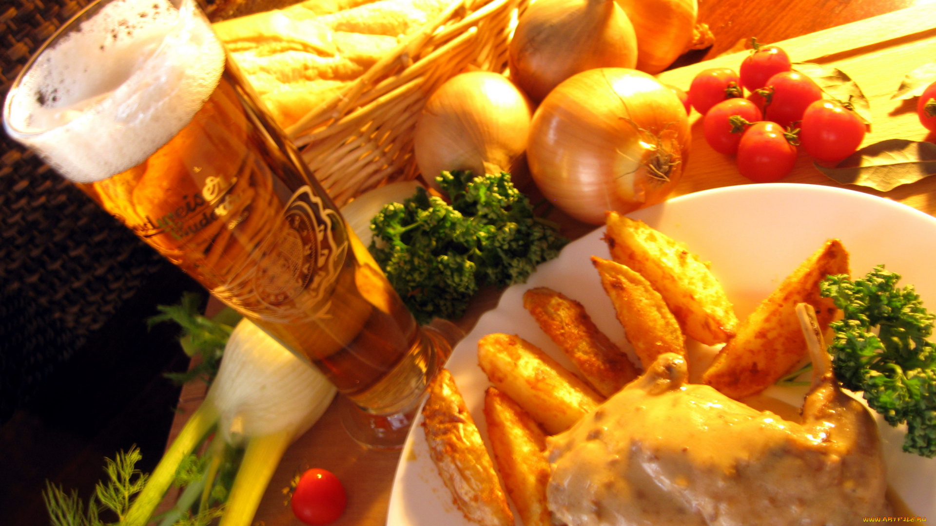 еда, разное, мясо, фенхель, лук, пиво