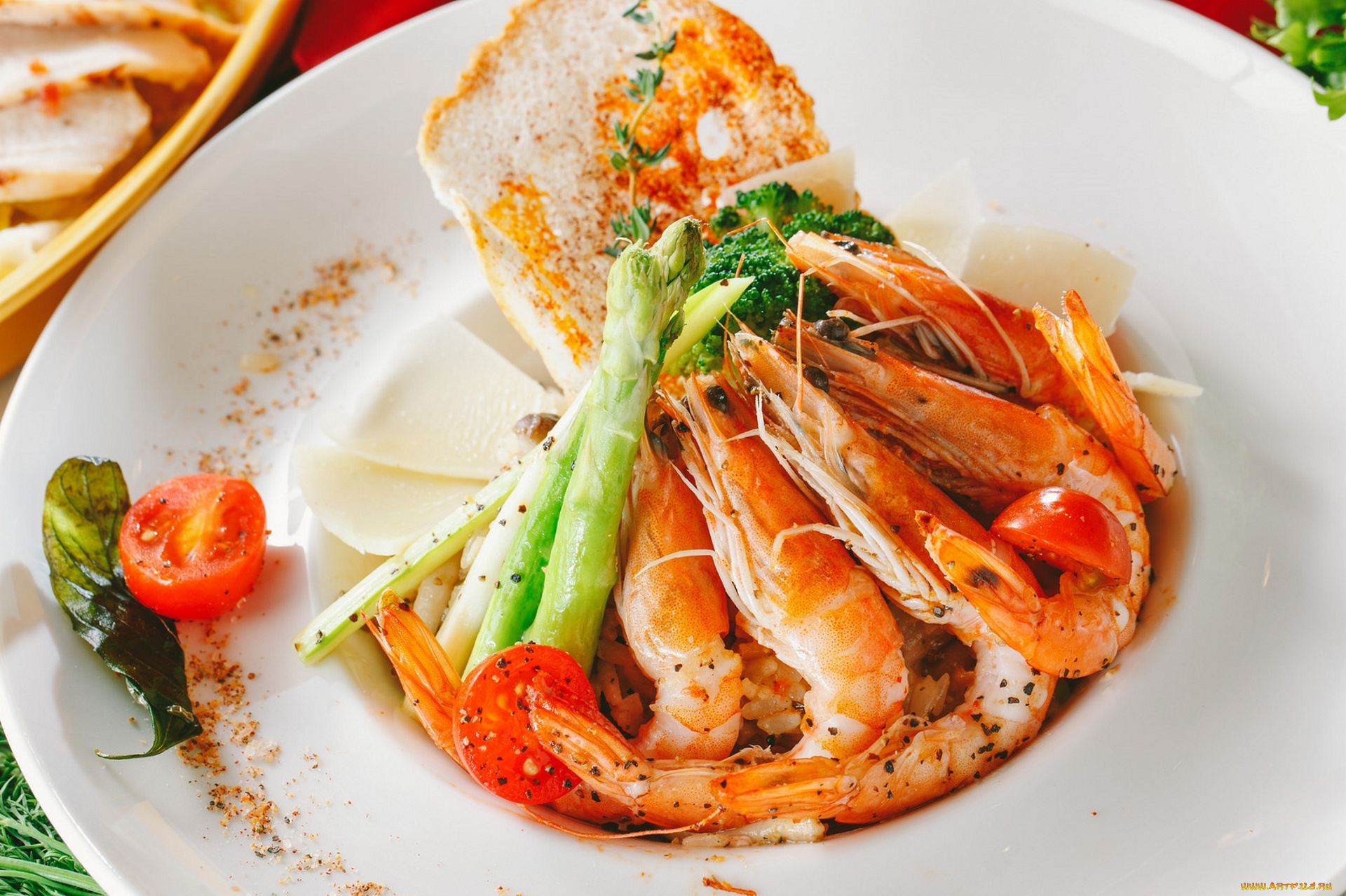 еда, рыбные, блюда, , с, морепродуктами, спаржа, креветки