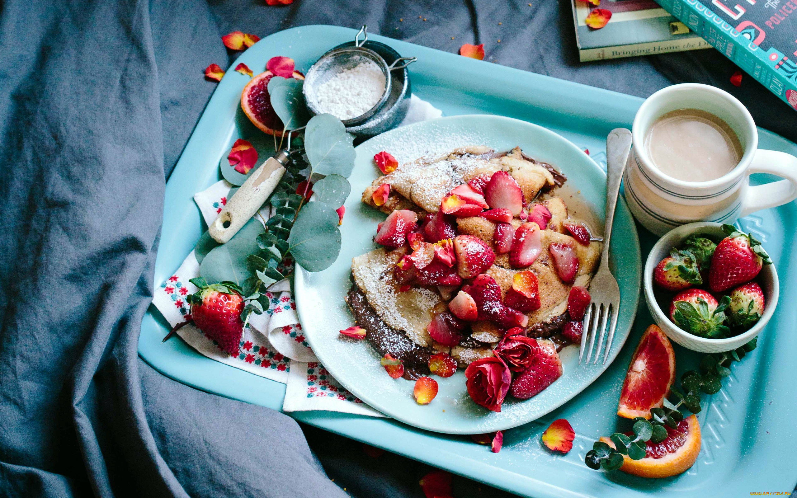 еда, блины, , оладьи, кофе, клубника, завтрак