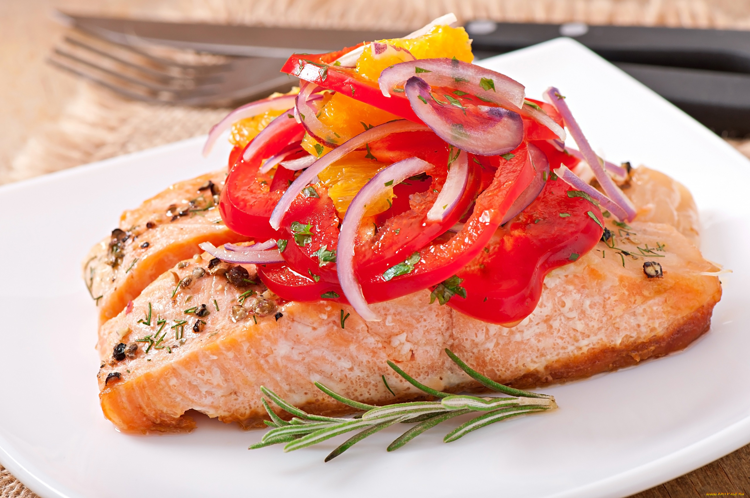 еда, рыбные, блюда, , с, морепродуктами, лук, перец, форель, розмарин