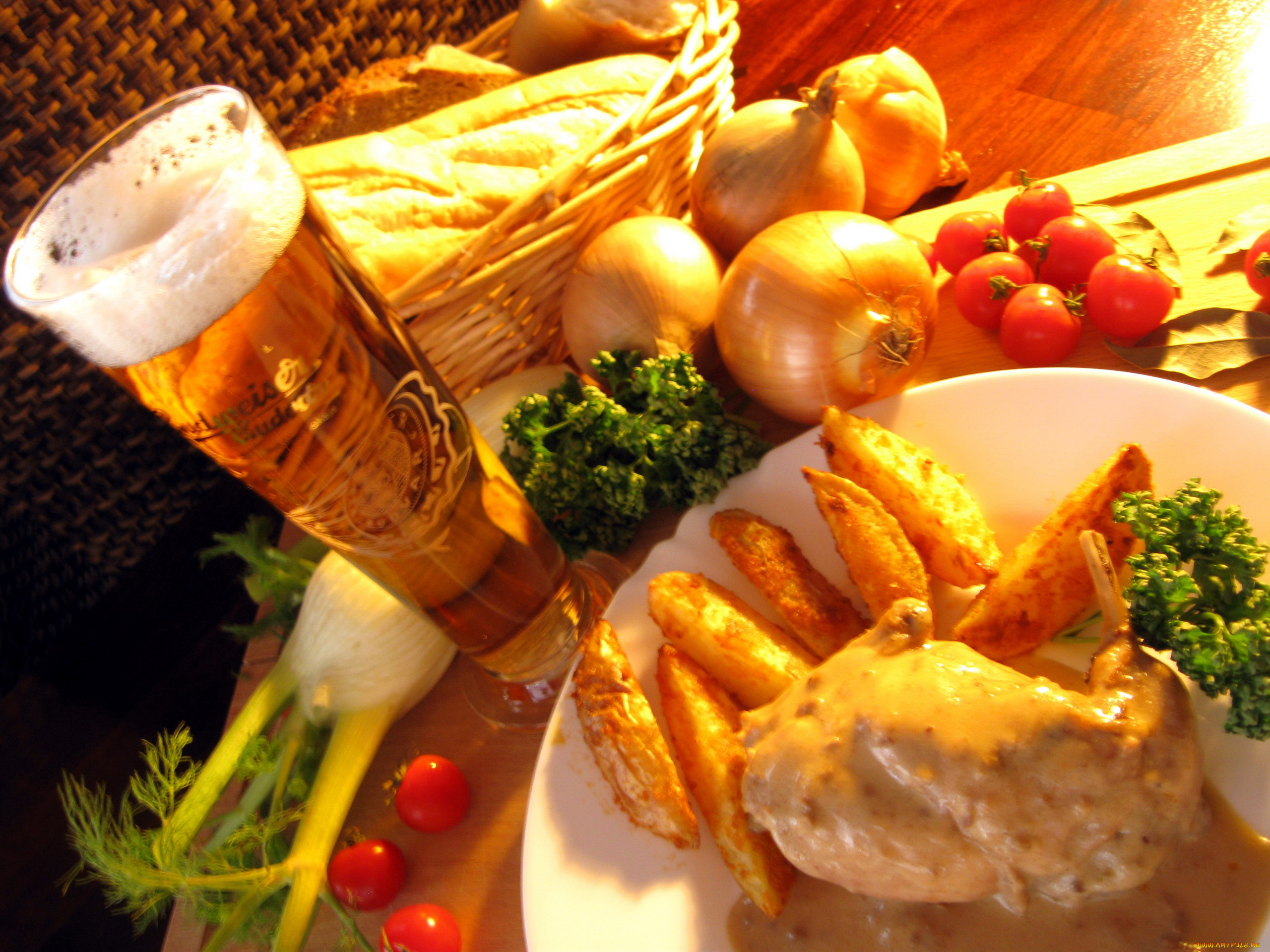 еда, разное, мясо, фенхель, лук, пиво