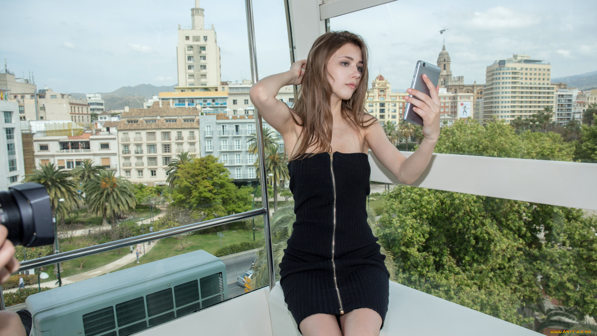 девушки, mila, azul, девушка, фон, кабинка, город, платье