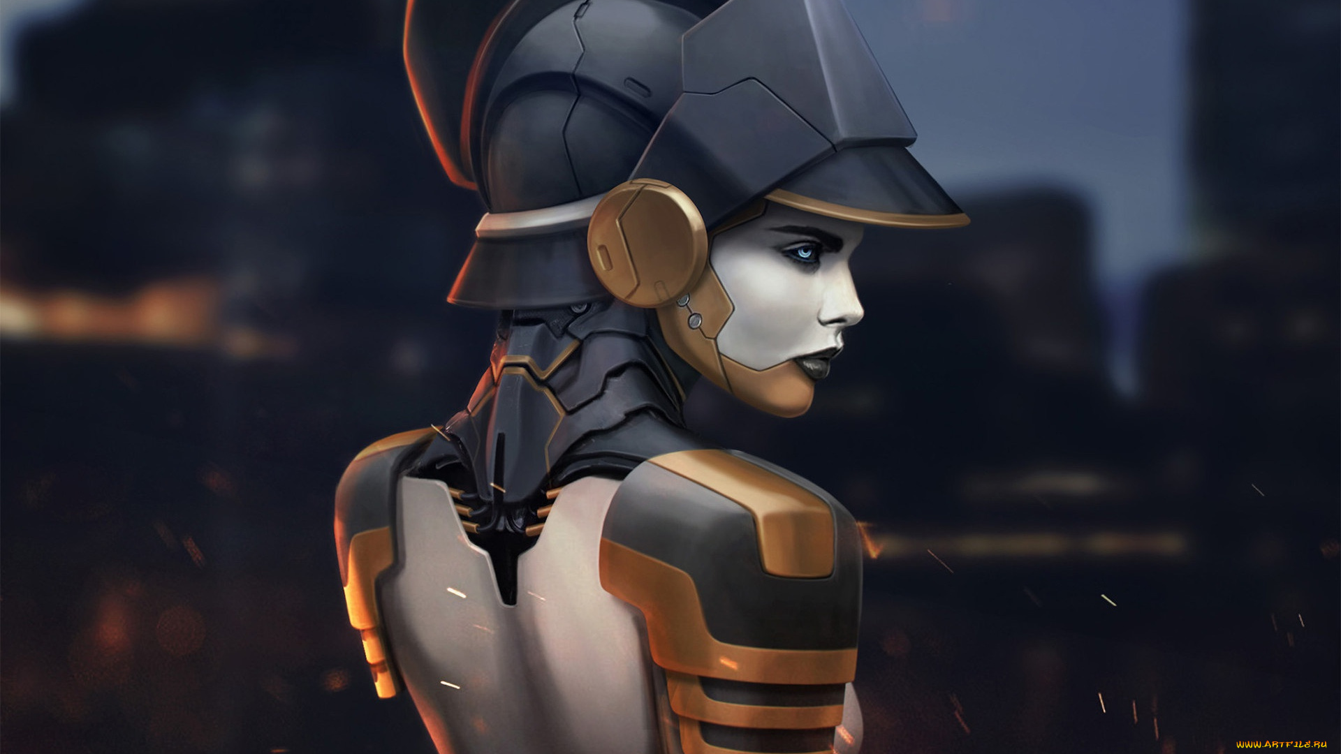 фэнтези, роботы, , киборги, , механизмы, спина, девушка, взгляд, cyberpunk, профиль, арт