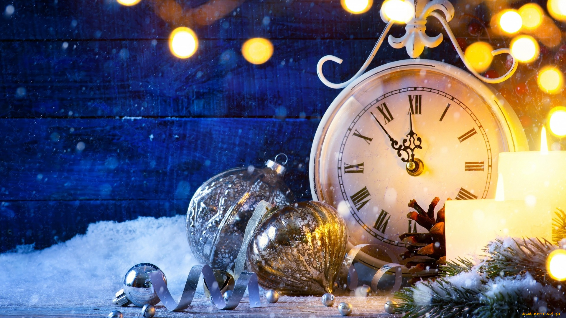 праздничные, украшения, снег, блики, часы