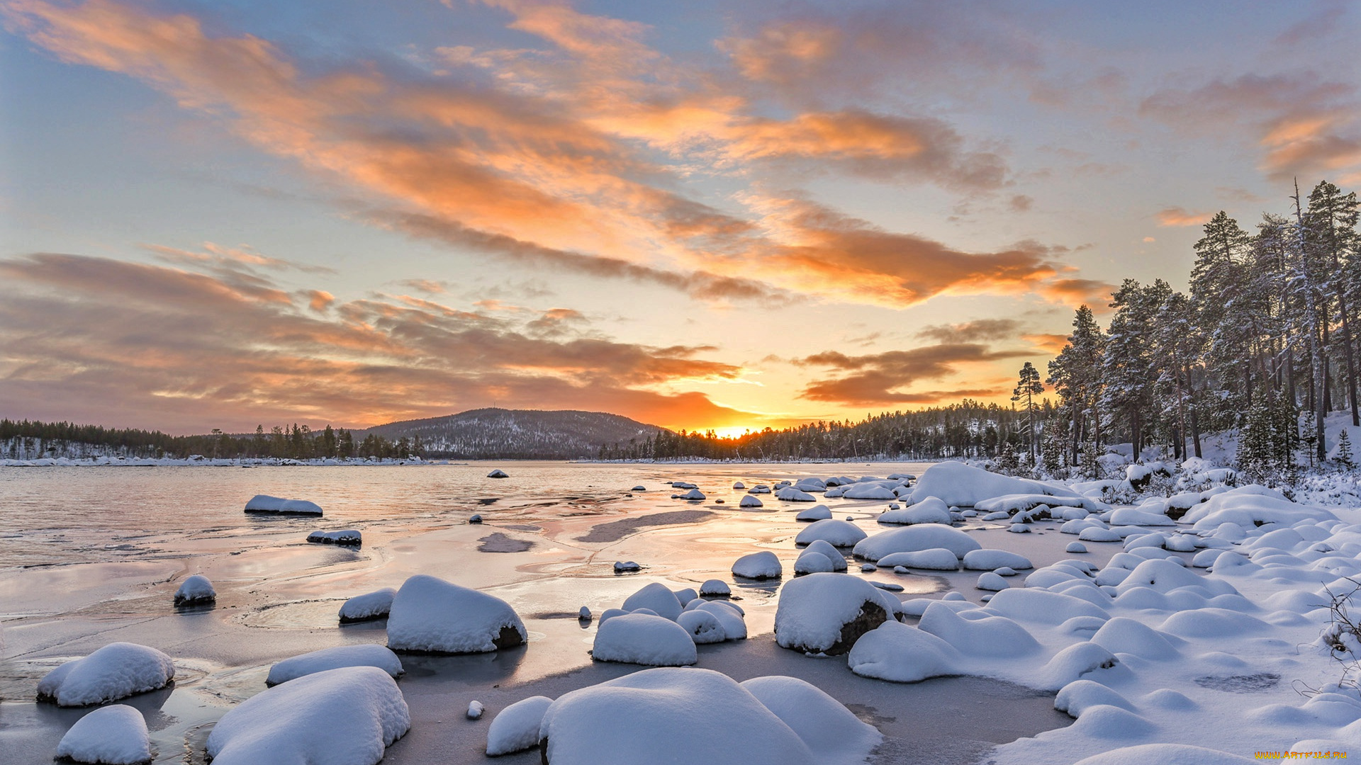 природа, восходы, закаты, озеро, закат, небо, зима