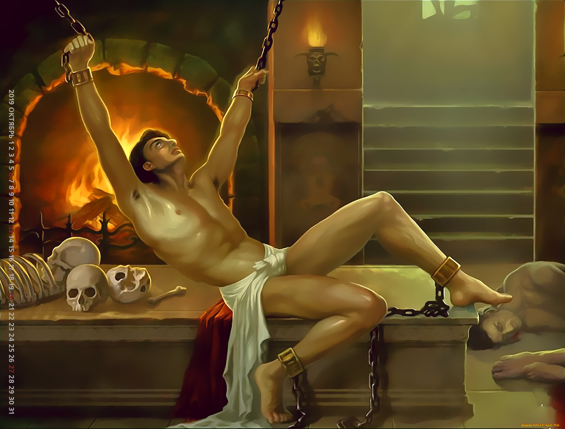 календари, фэнтези, мужчина, череп, цепь, очаг, пламя, ступени, помещение, calendar, 2019
