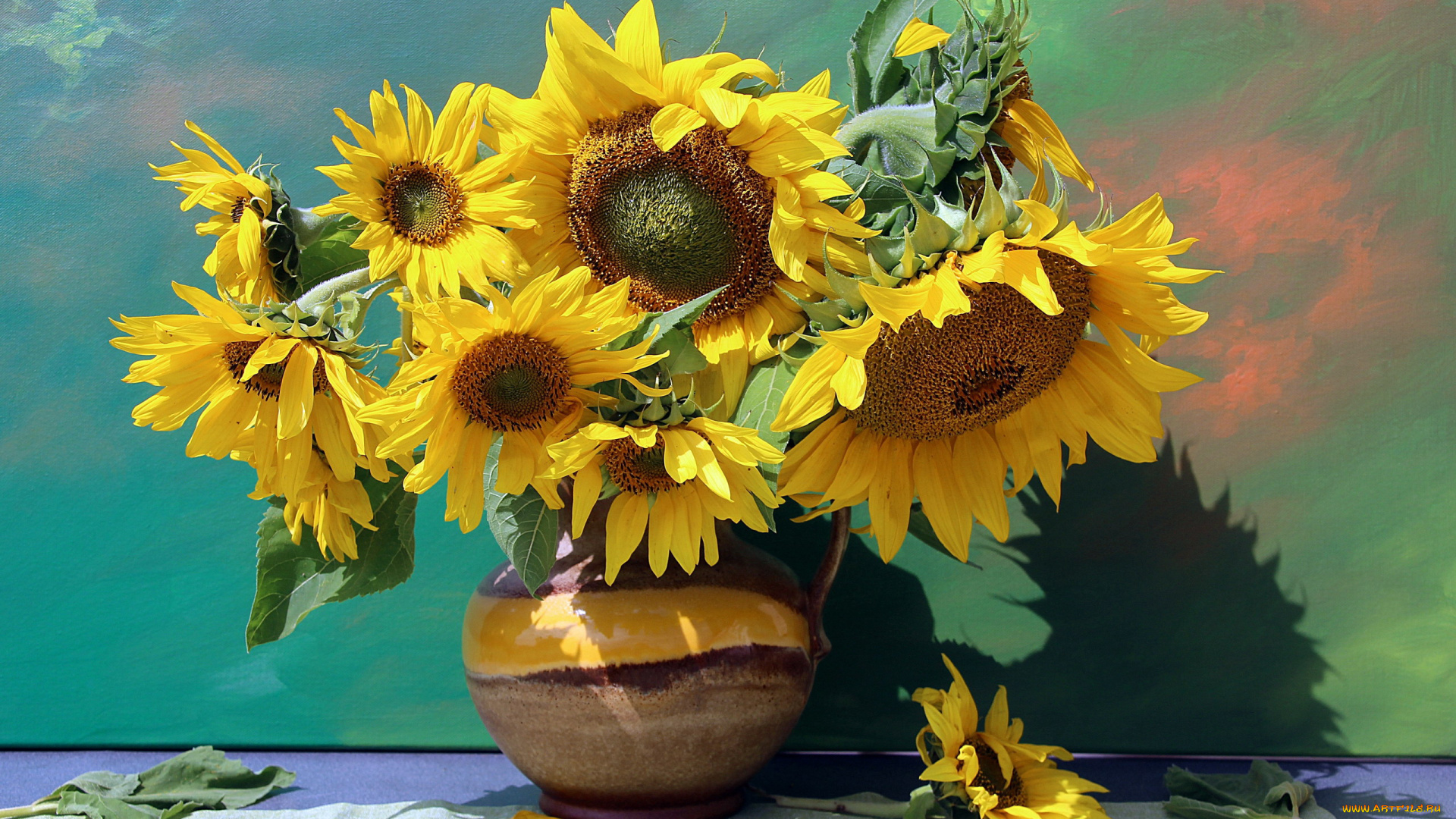 цветы, подсолнухи, кувшин, букет