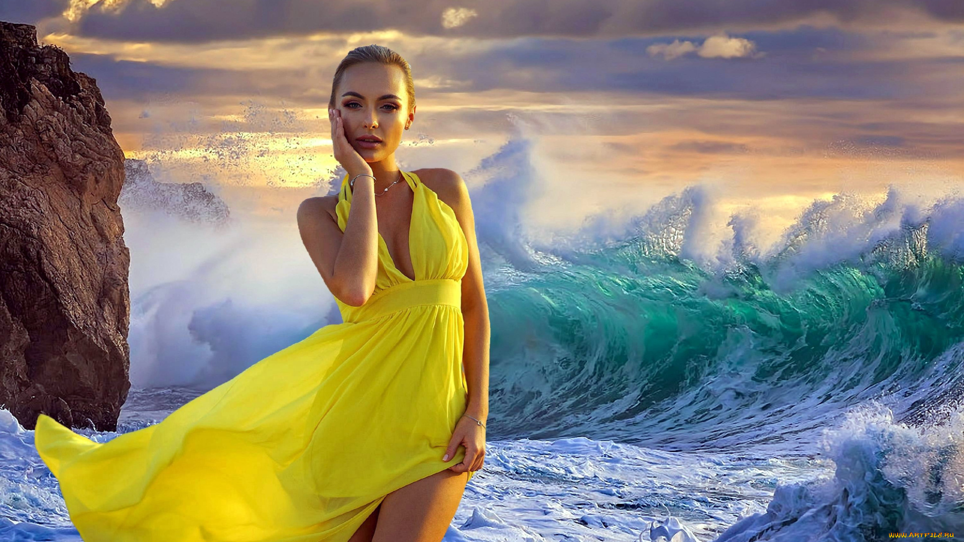 девушки, -, блондинки, , светловолосые, волны, скала, желтое, платье