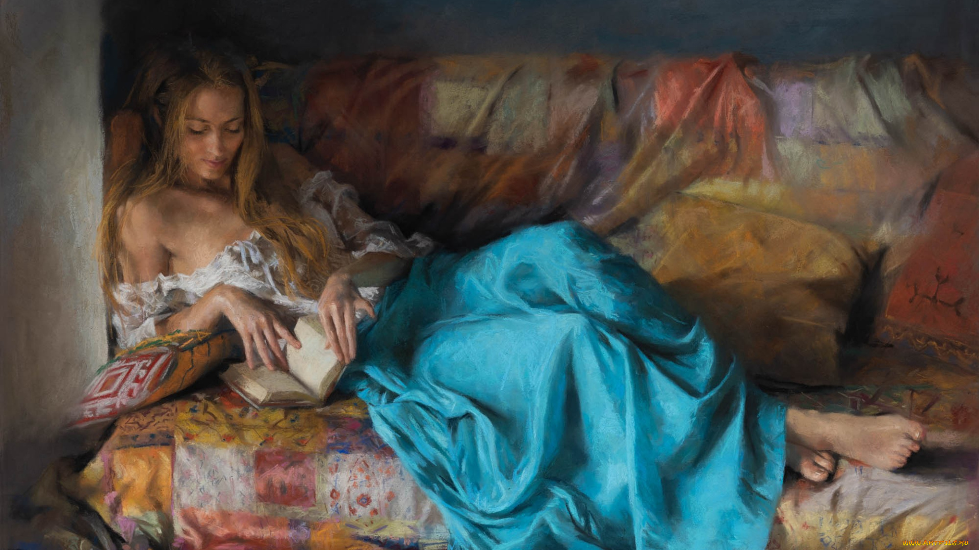 рисованное, живопись, девушка, книга, диван, vicente, romero