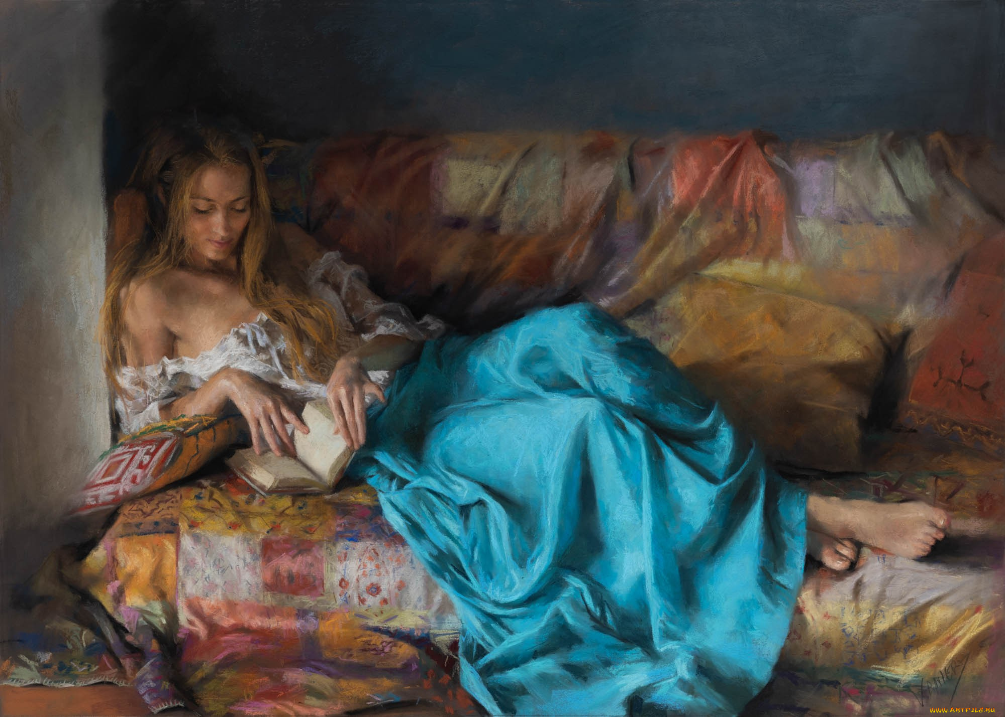 рисованное, живопись, девушка, книга, диван, vicente, romero