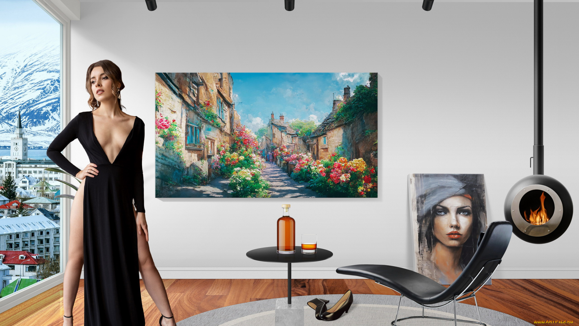 девушки, -, брюнетки, , шатенки, шатенка, декольте, поза, черное, платье, картина