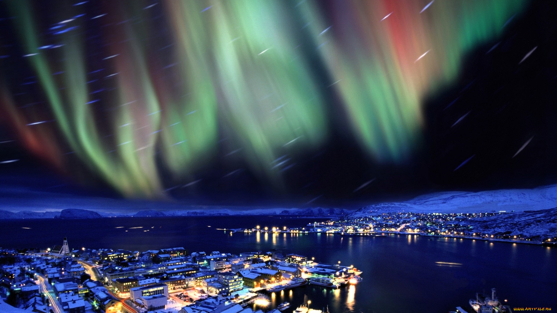 города, -, огни, ночного, города, северное, сияние, снег, огни, дома, берега