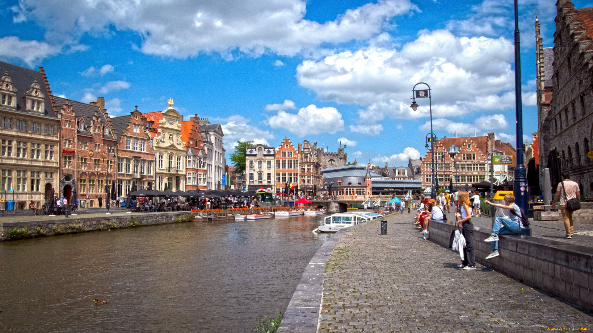 города, гент, , бельгия, канал, набережная, старинные, дома, кафе