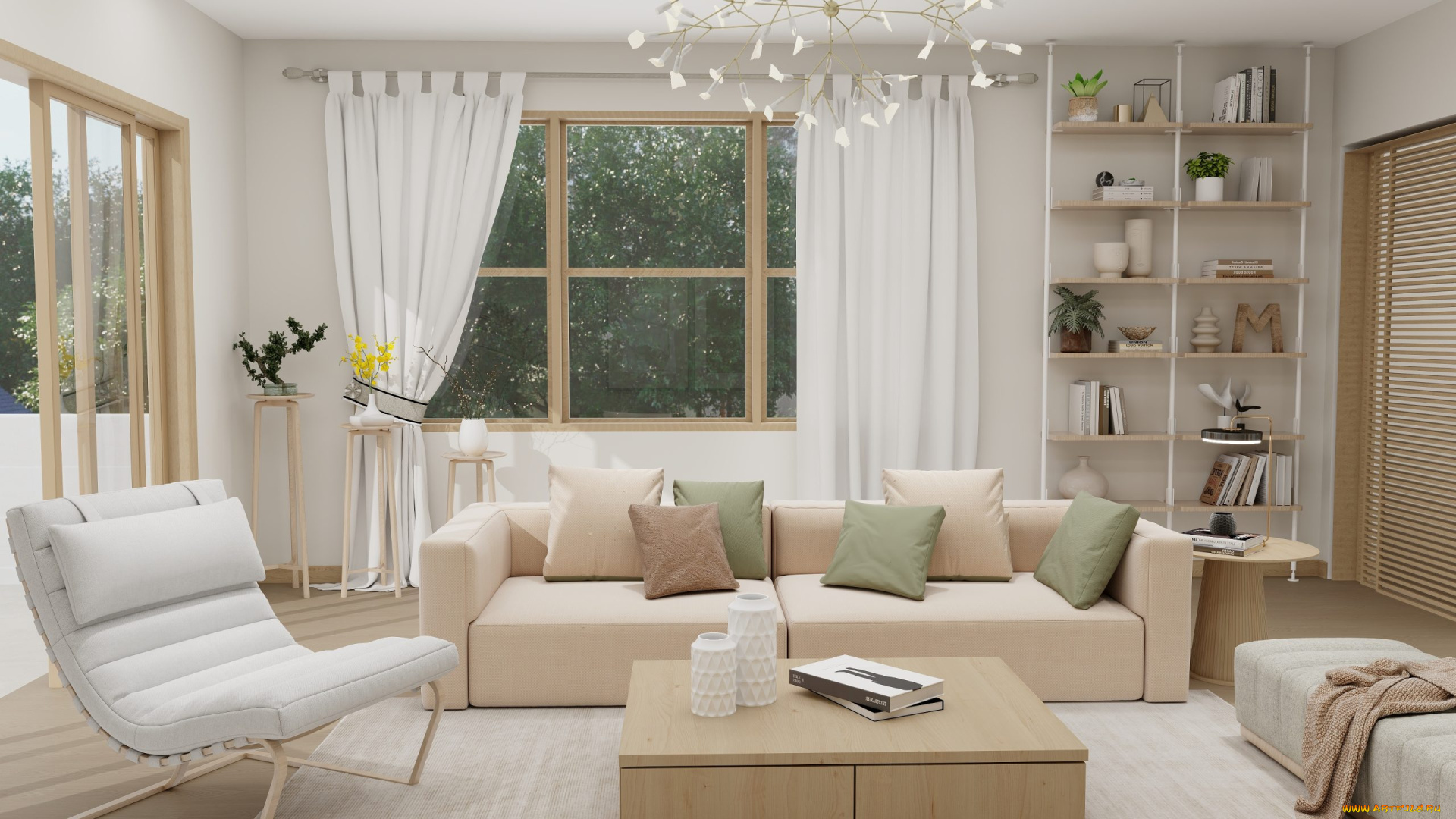 интерьер, гостиная, диван, кресло, журнальный, столик, люстра, полки