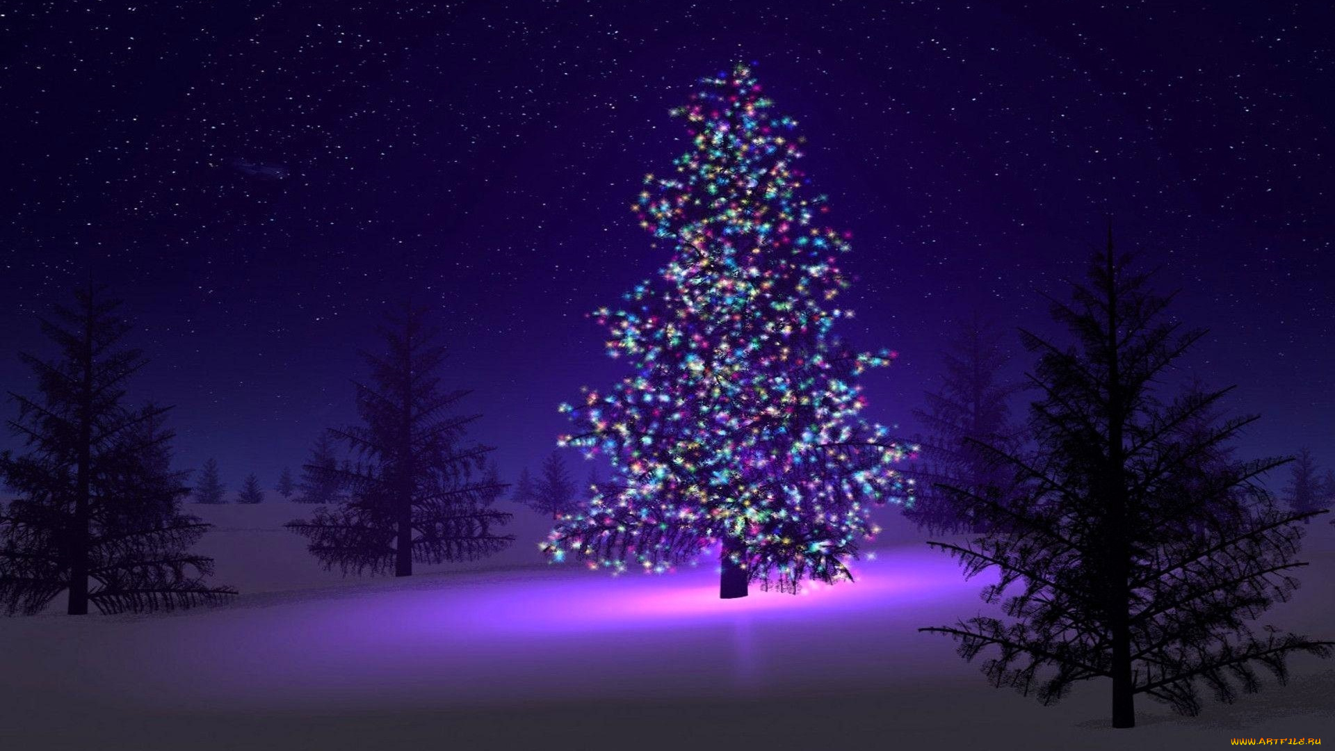 праздничные, 3д, графика, , новый, год, ёлки, снег, украшения, огоньки