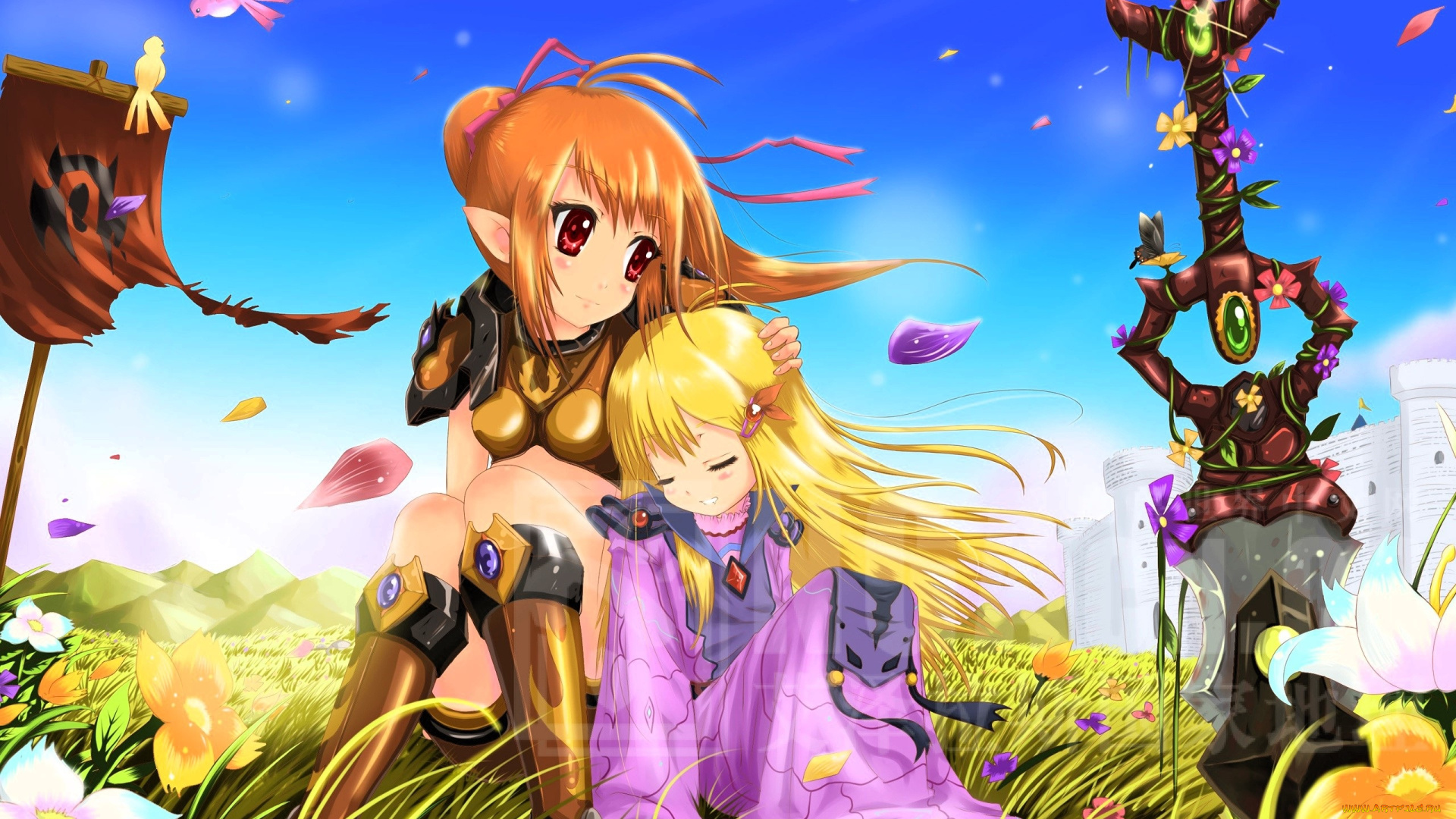 видео, игры, world, of, warcraft, девушки, знамя, меч, поле, цветы