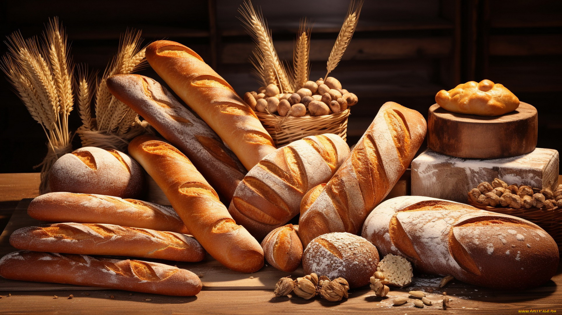 еда, хлеб, , выпечка, колосья, батоны, булочки