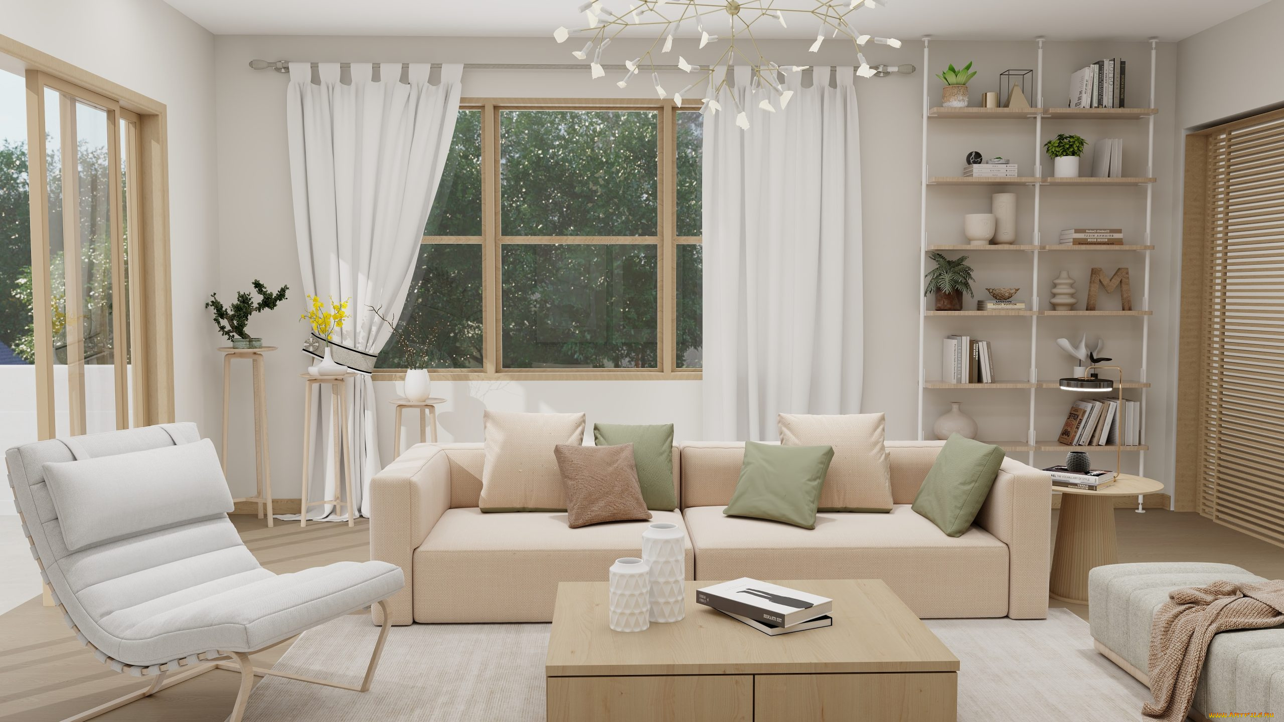 интерьер, гостиная, диван, кресло, журнальный, столик, люстра, полки