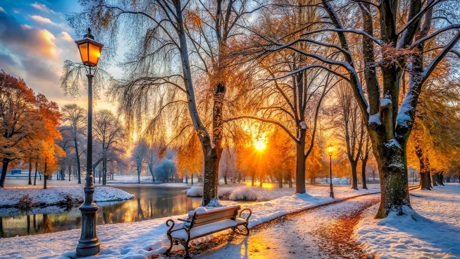 3д, графика, природа, , nature, парк, аллея, деревья, дорожки, снег, скамейка, фонарь, река