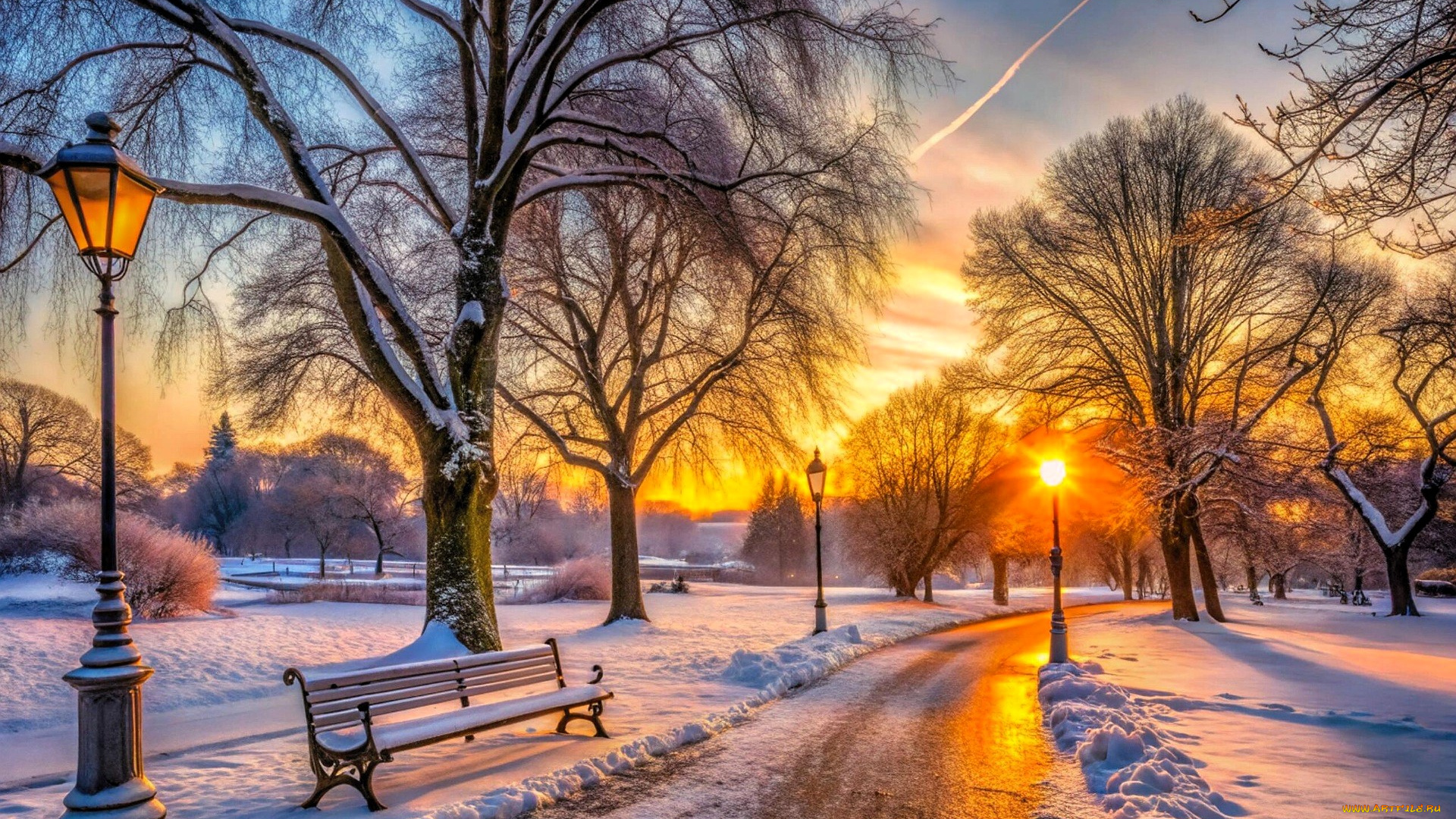 3д, графика, природа, , nature, парк, аллея, деревья, дорожки, скамейка, фонарь, снег