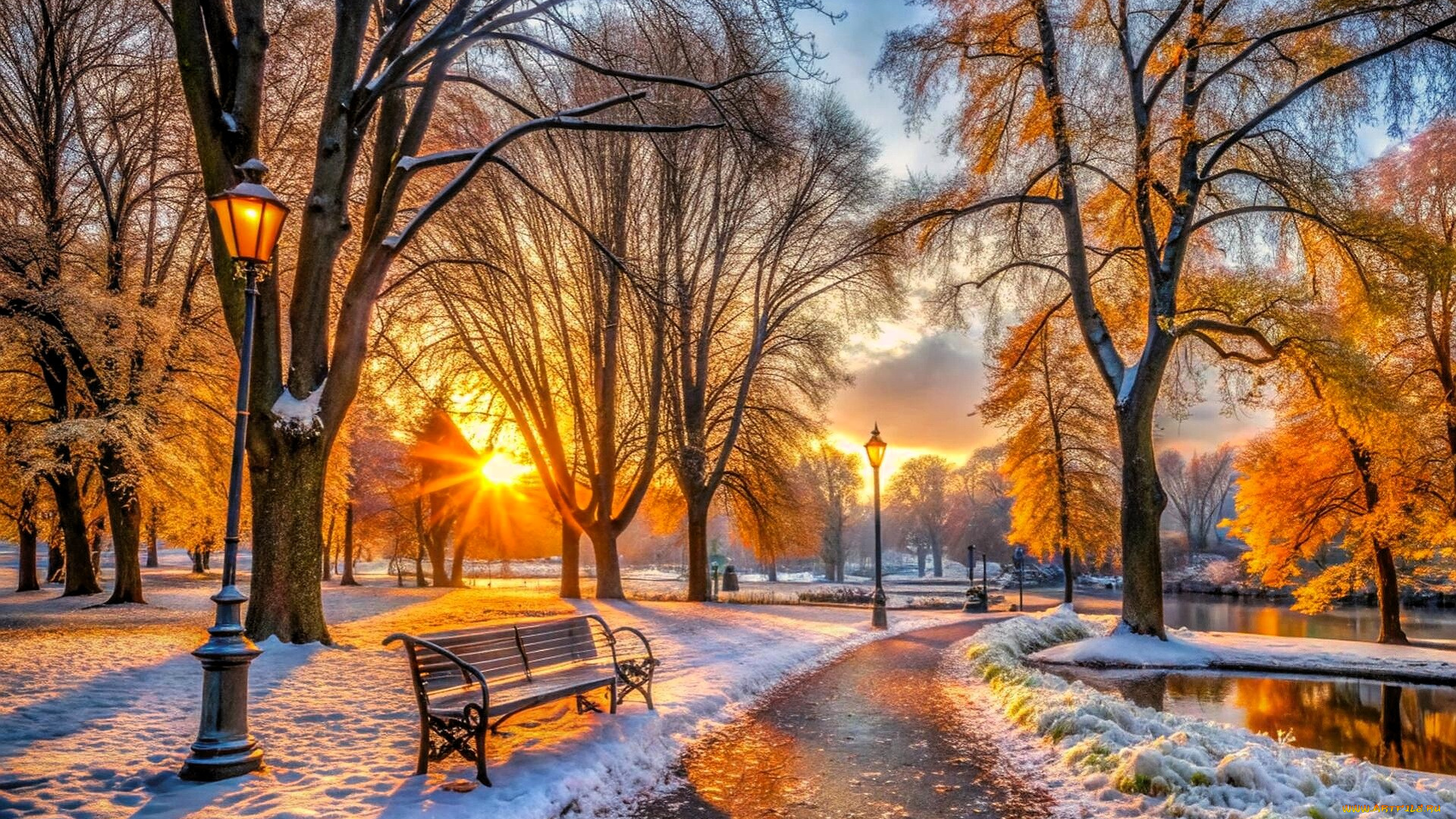 3д, графика, природа, , nature, парк, деревья, закат, снег, дорожка, фонари, скамейки