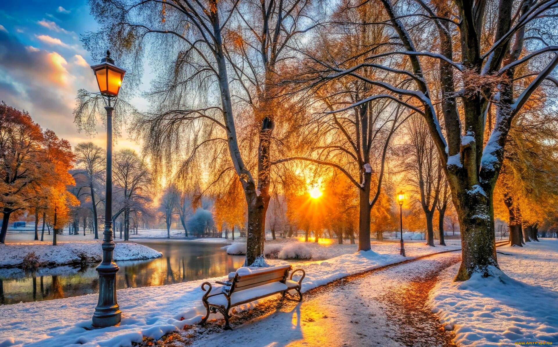 3д, графика, природа, , nature, парк, аллея, деревья, дорожки, снег, скамейка, фонарь, река