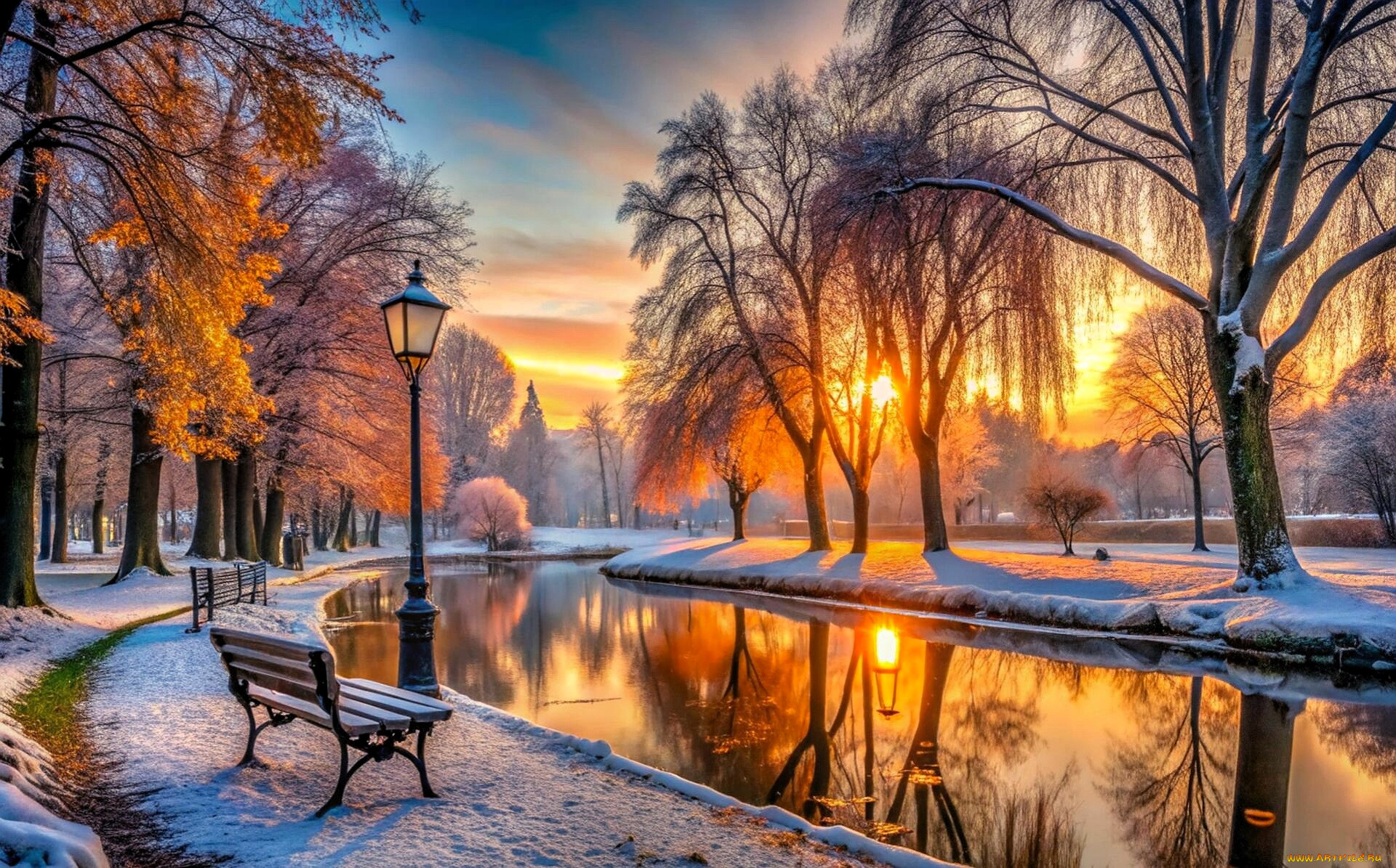 3д, графика, природа, , nature, парк, аллея, деревья, дорожки, снег, скамейка, фонарь, река