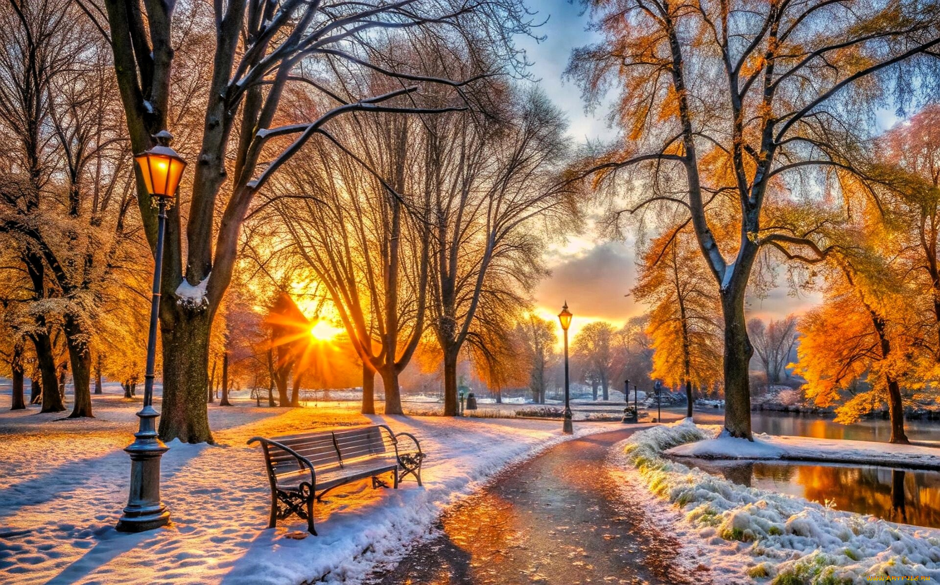 3д, графика, природа, , nature, парк, деревья, закат, снег, дорожка, фонари, скамейки