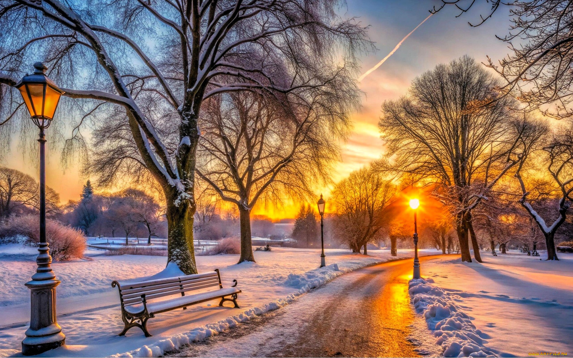 3д, графика, природа, , nature, парк, аллея, деревья, дорожки, скамейка, фонарь, снег