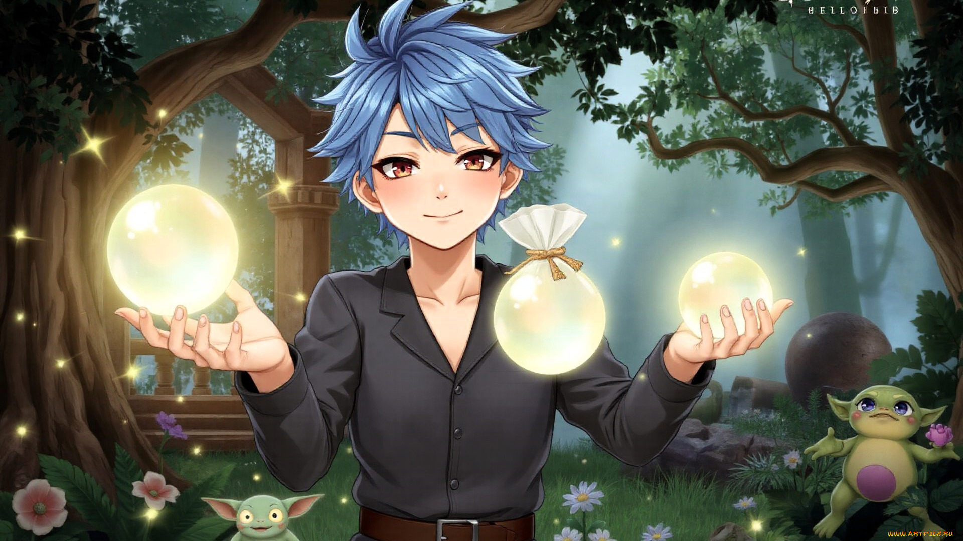 аниме, genshin, impact, парень, свет, существа, лес, деревья, цветы