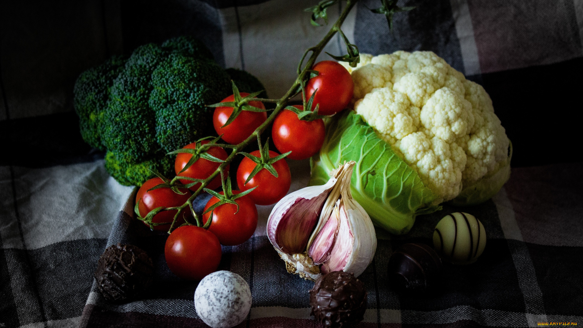 еда, овощи, брокколи, цветная, капуста, чеснок, помидоры