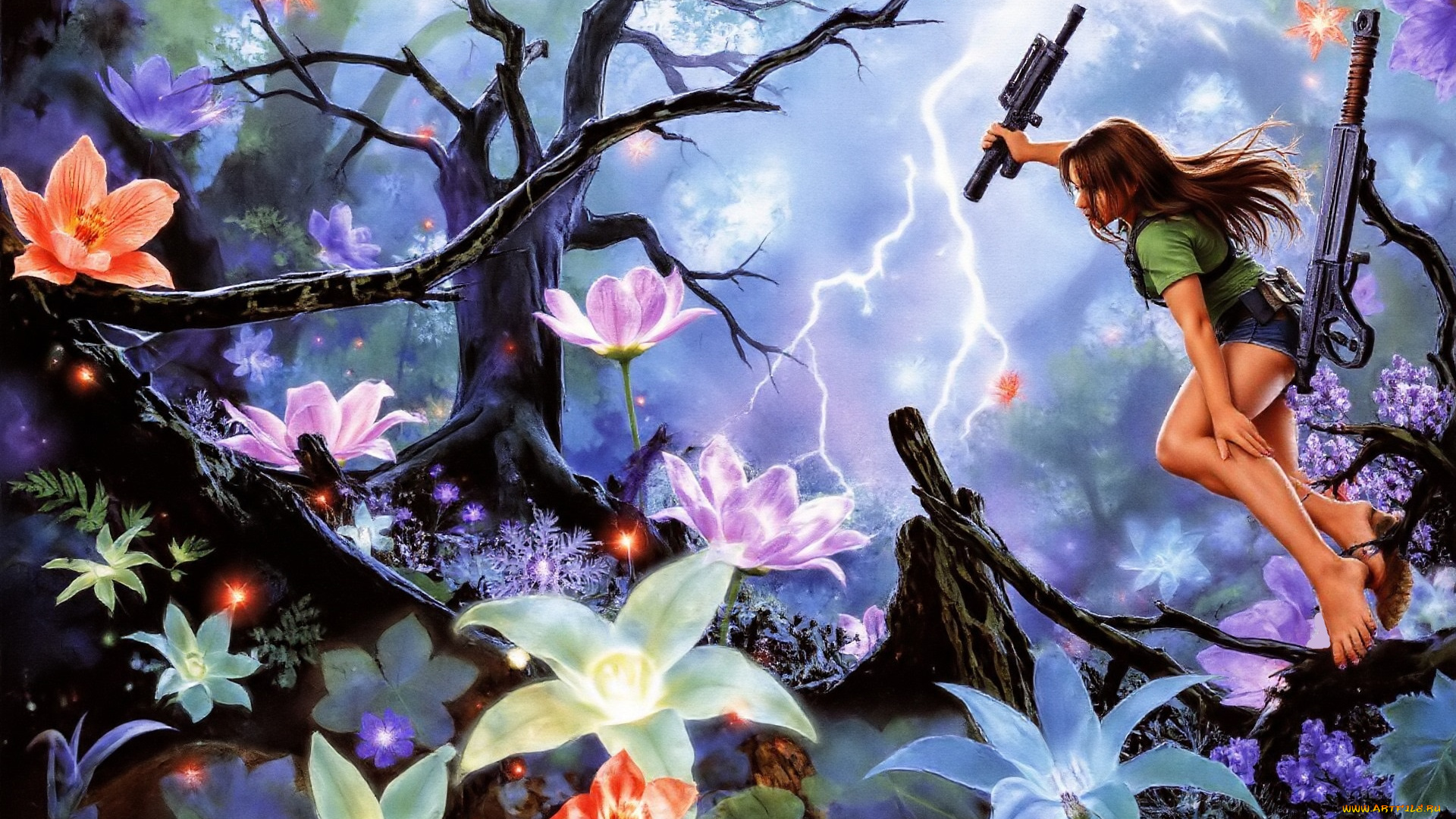 фэнтези, девушки, девушка, шорты, оружие, деревья, цветы, прыжок