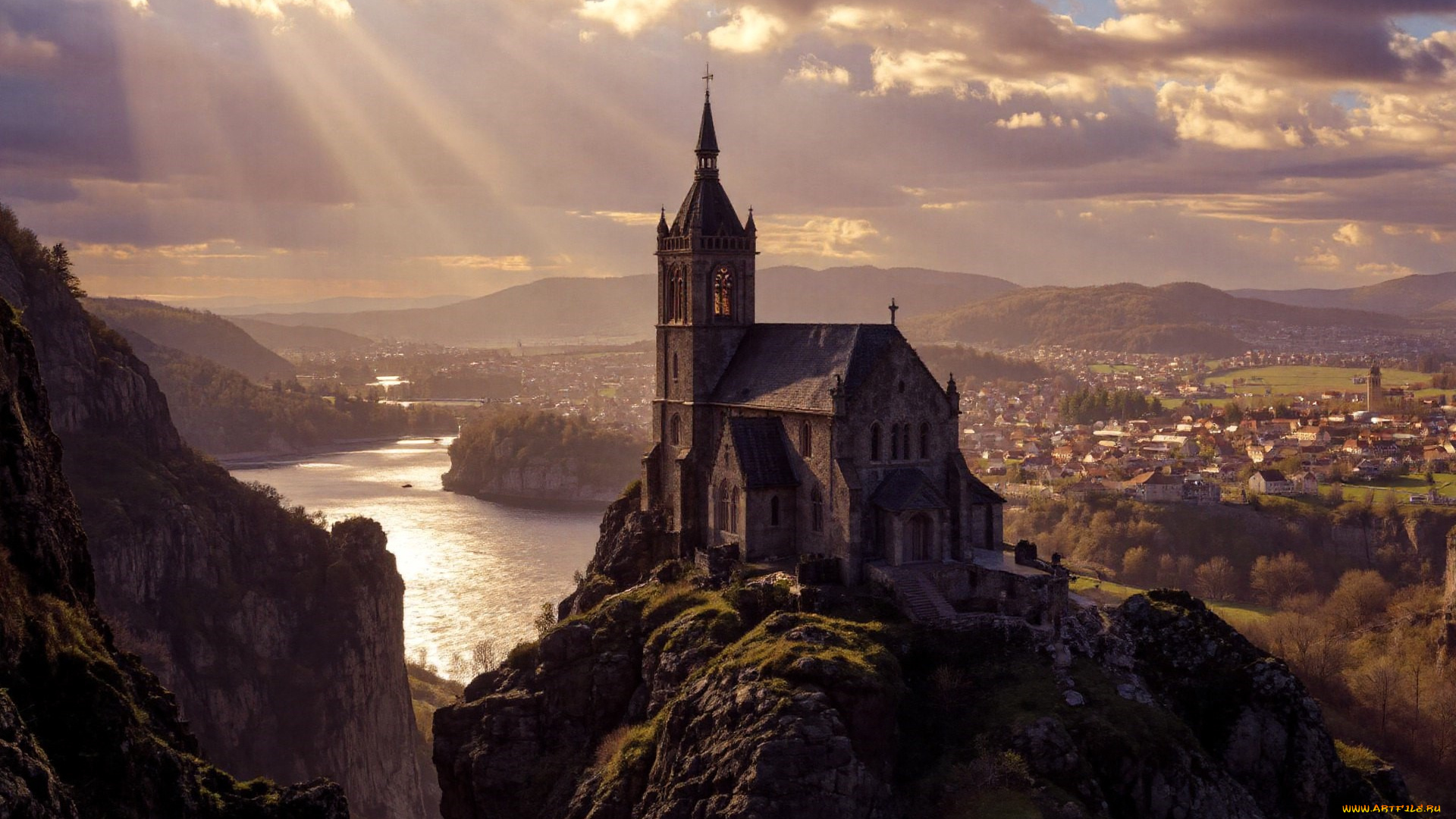 города, -, дворцы, , замки, , крепости, замок, река, скалы, город