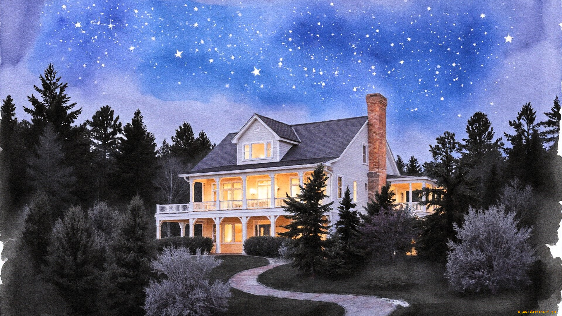рисованное, города, дом, особняк, деревья, кусты, ночь, звезды, дорожка