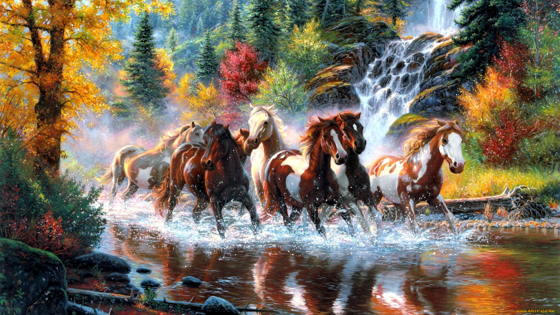 рисованное, животные, , лошади, лошади, деревья, лес, горы, река, осень