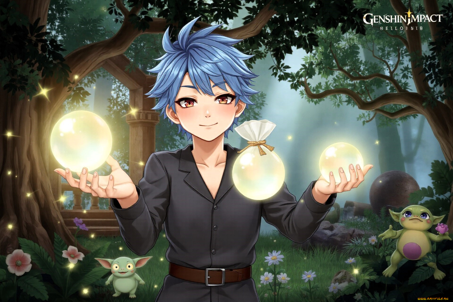аниме, genshin, impact, парень, свет, существа, лес, деревья, цветы