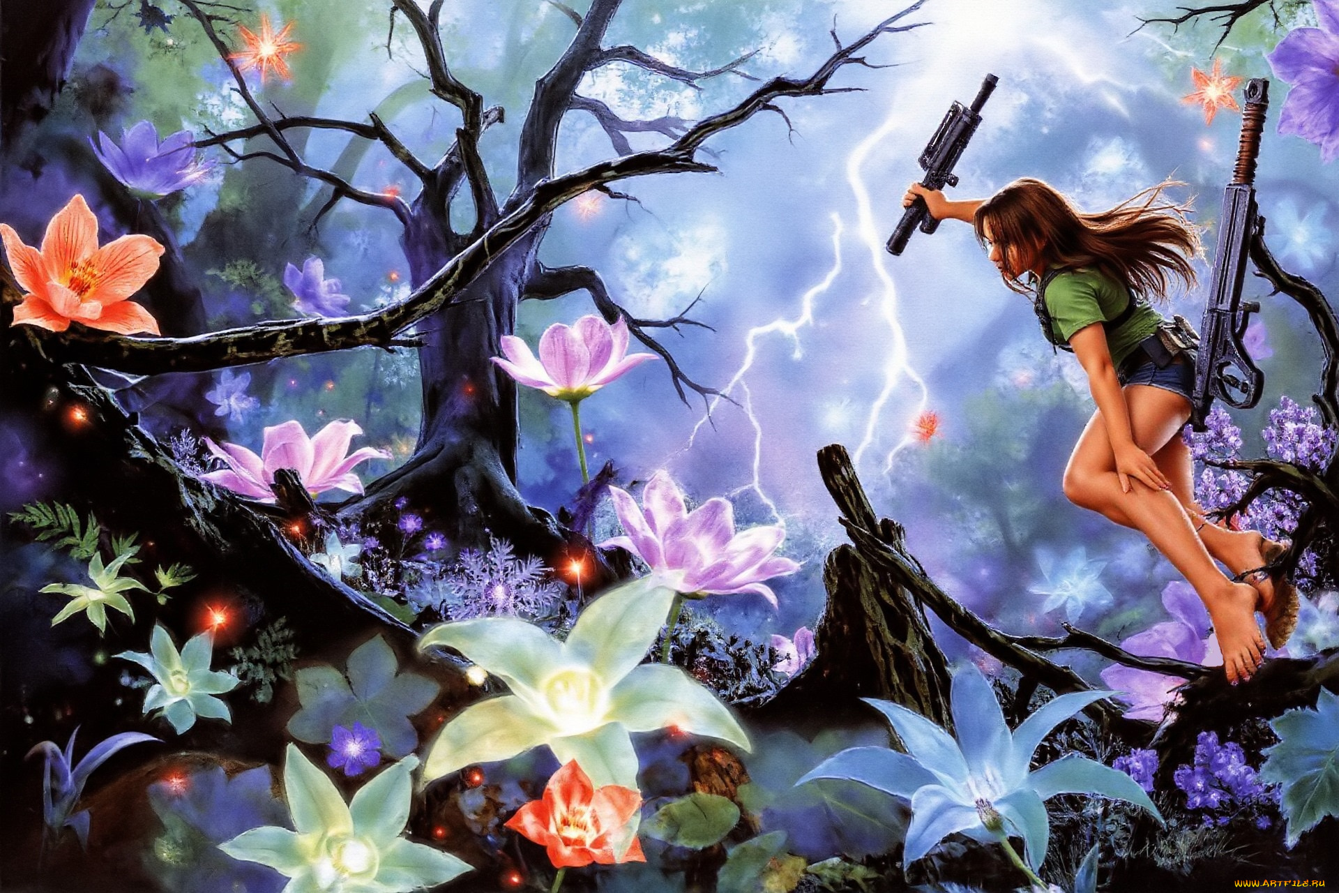 фэнтези, девушки, девушка, шорты, оружие, деревья, цветы, прыжок