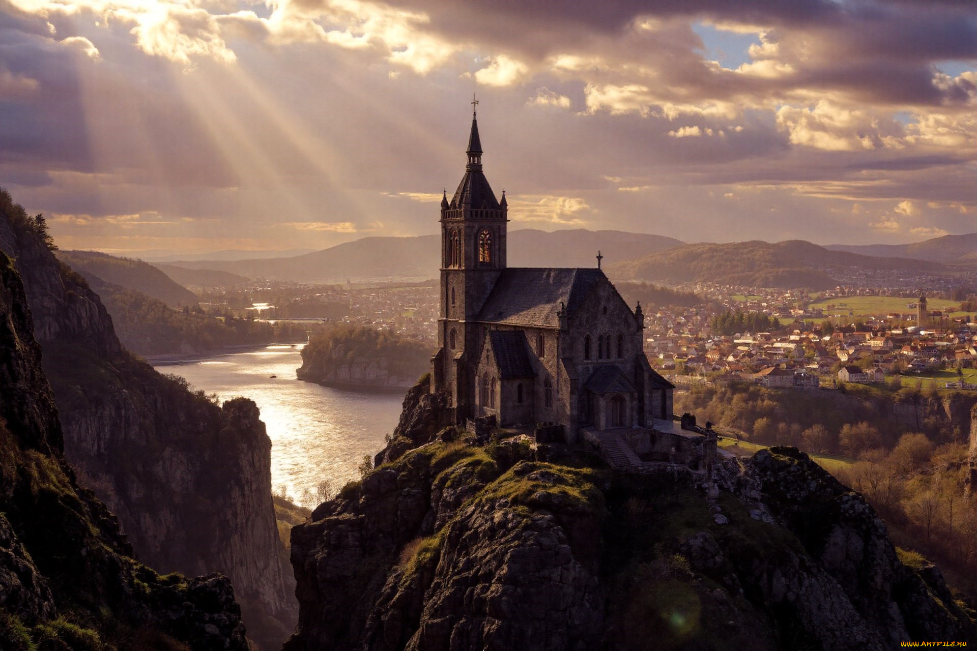 города, -, дворцы, , замки, , крепости, замок, река, скалы, город