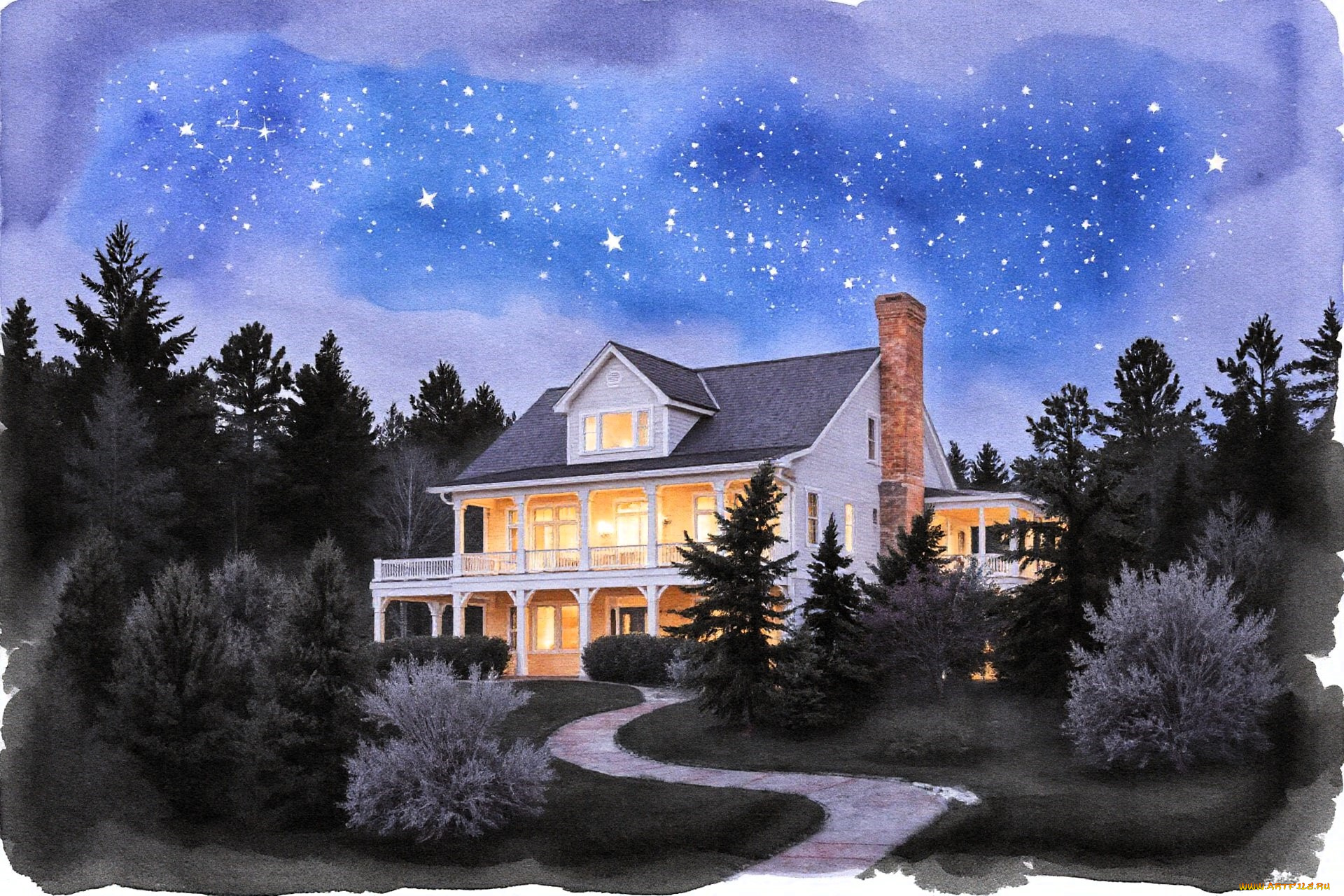 рисованное, города, дом, особняк, деревья, кусты, ночь, звезды, дорожка