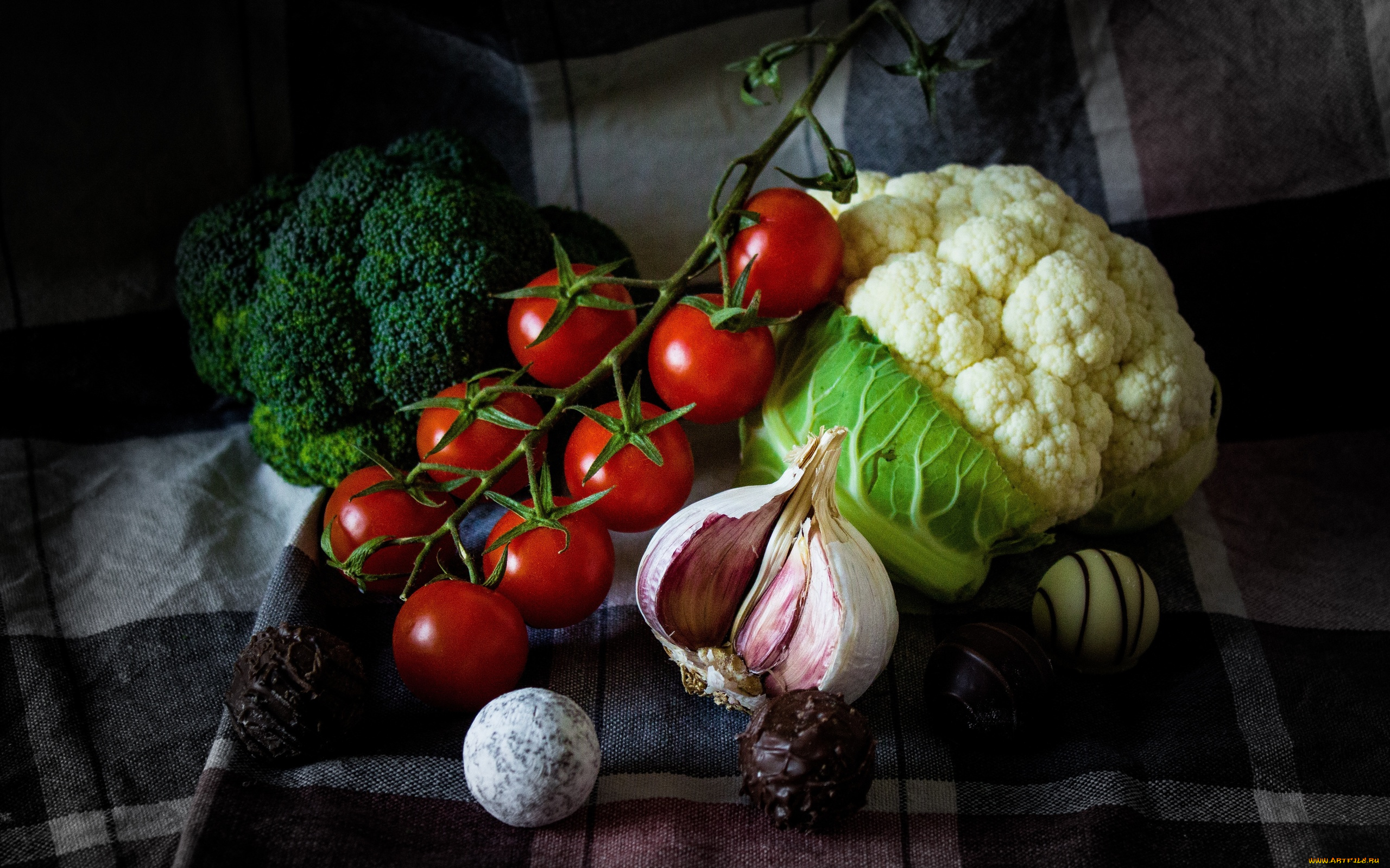 еда, овощи, брокколи, цветная, капуста, чеснок, помидоры