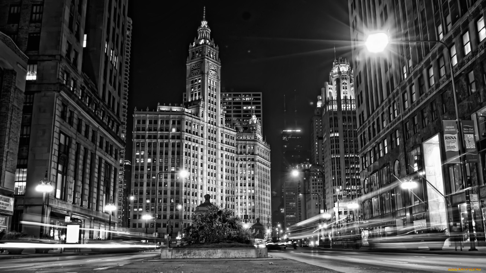 города, огни, ночного, wrigley, building, chicago, illinois