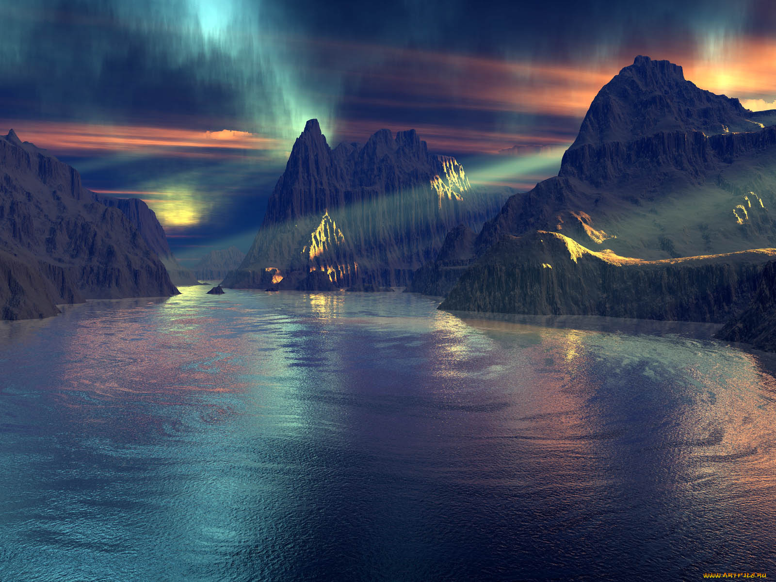 3д, графика, nature, landscape, природа, горы, вода