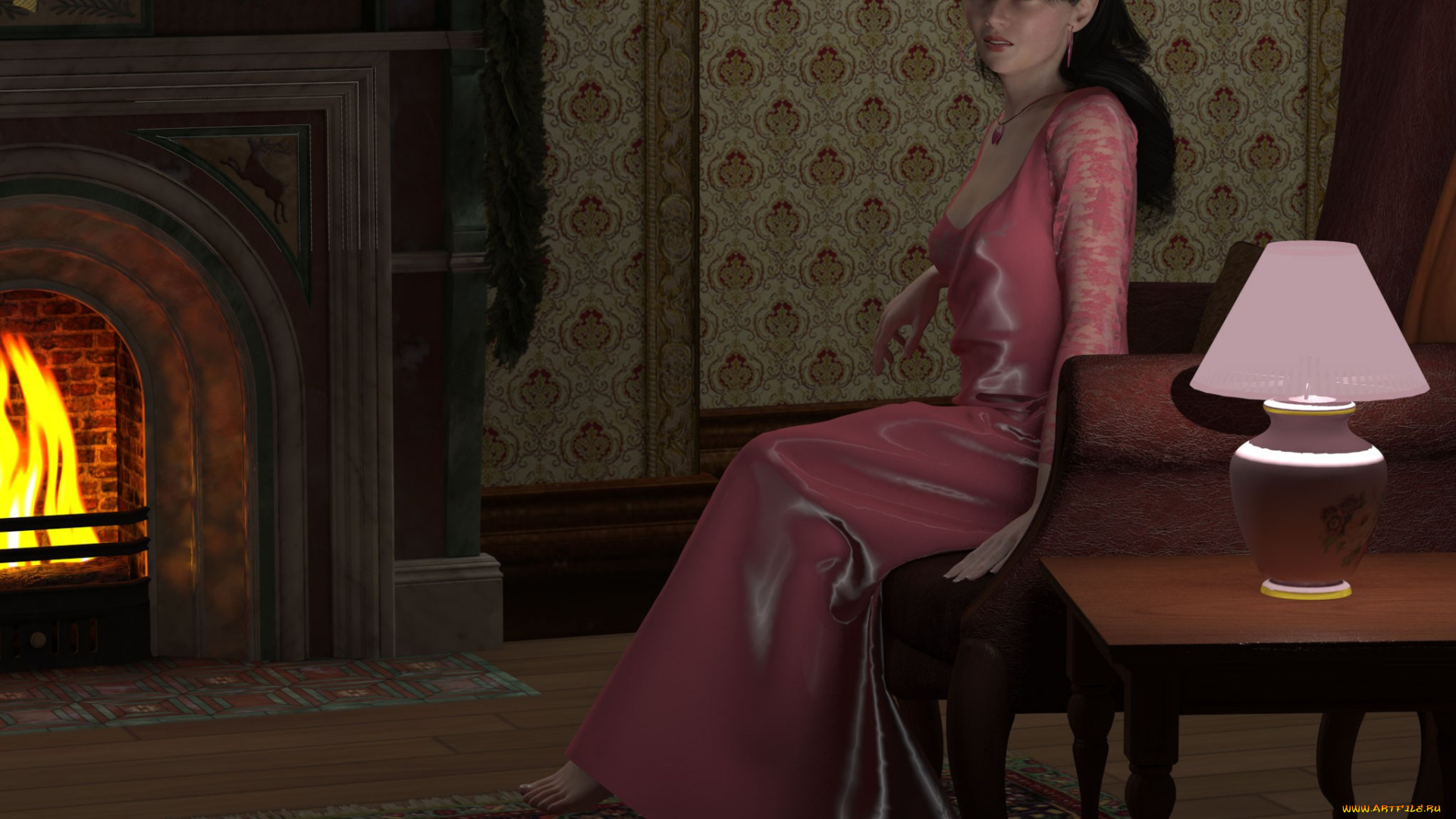 3д, графика, people, люди, светильник, камин, девушка