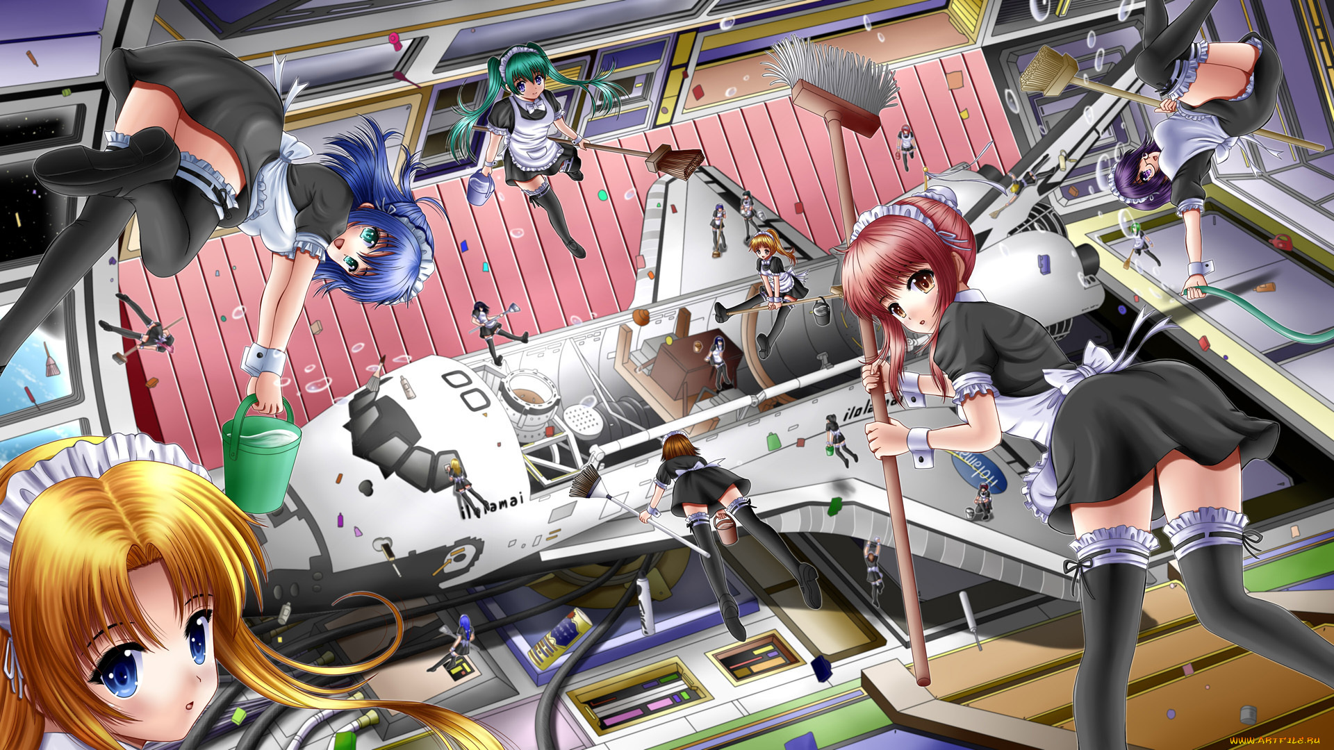 аниме, weapon, blood, technology, ilolamai, девушки, горничные, уборка, шаттл