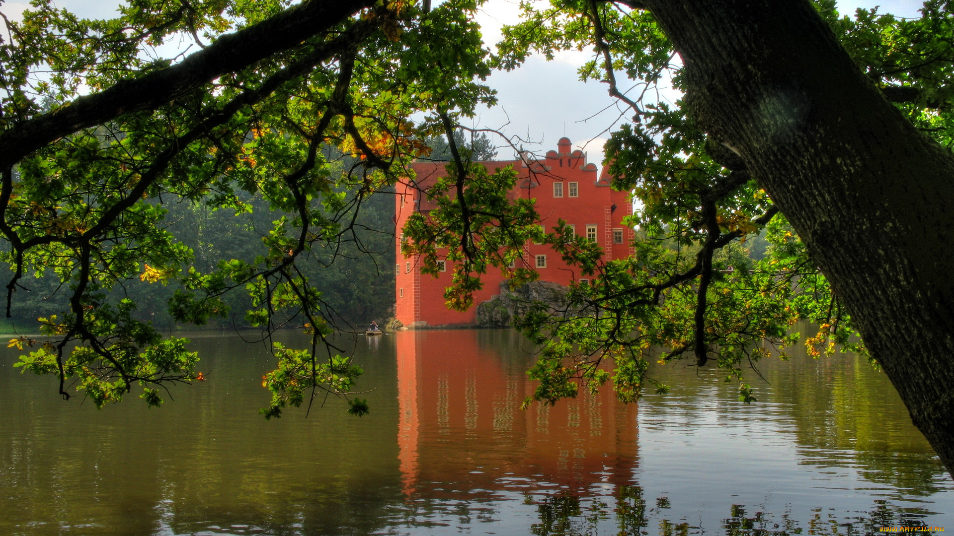 czech, lhota, red, castle, города, дворцы, замки, крепости, отражение, деревья, замок, река