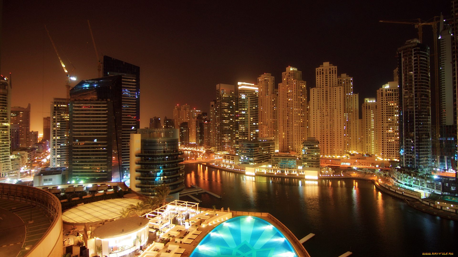 города, огни, ночного, река, здания, небоскребы, бассейн