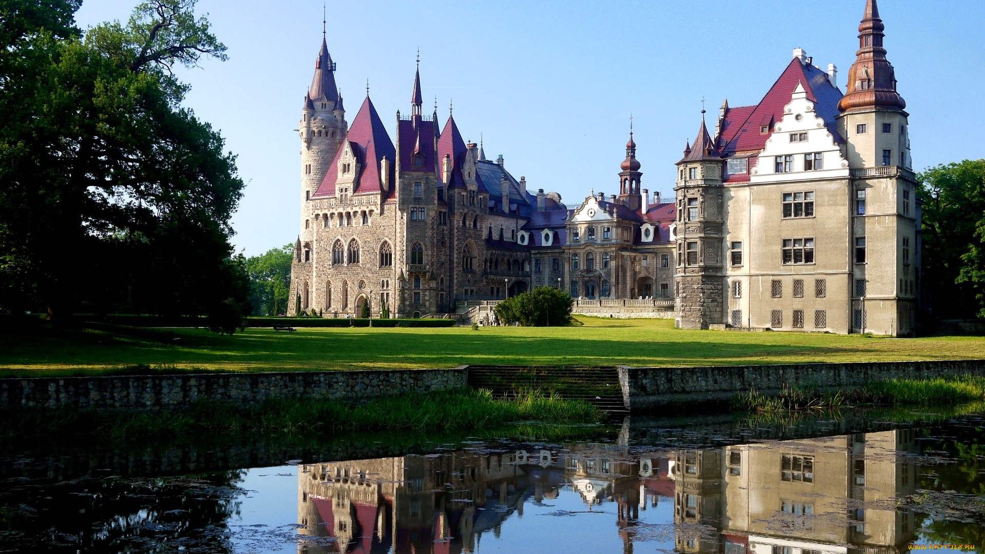 замок, можна, польша, города, дворцы, замки, крепости, вода, каменный, деревья