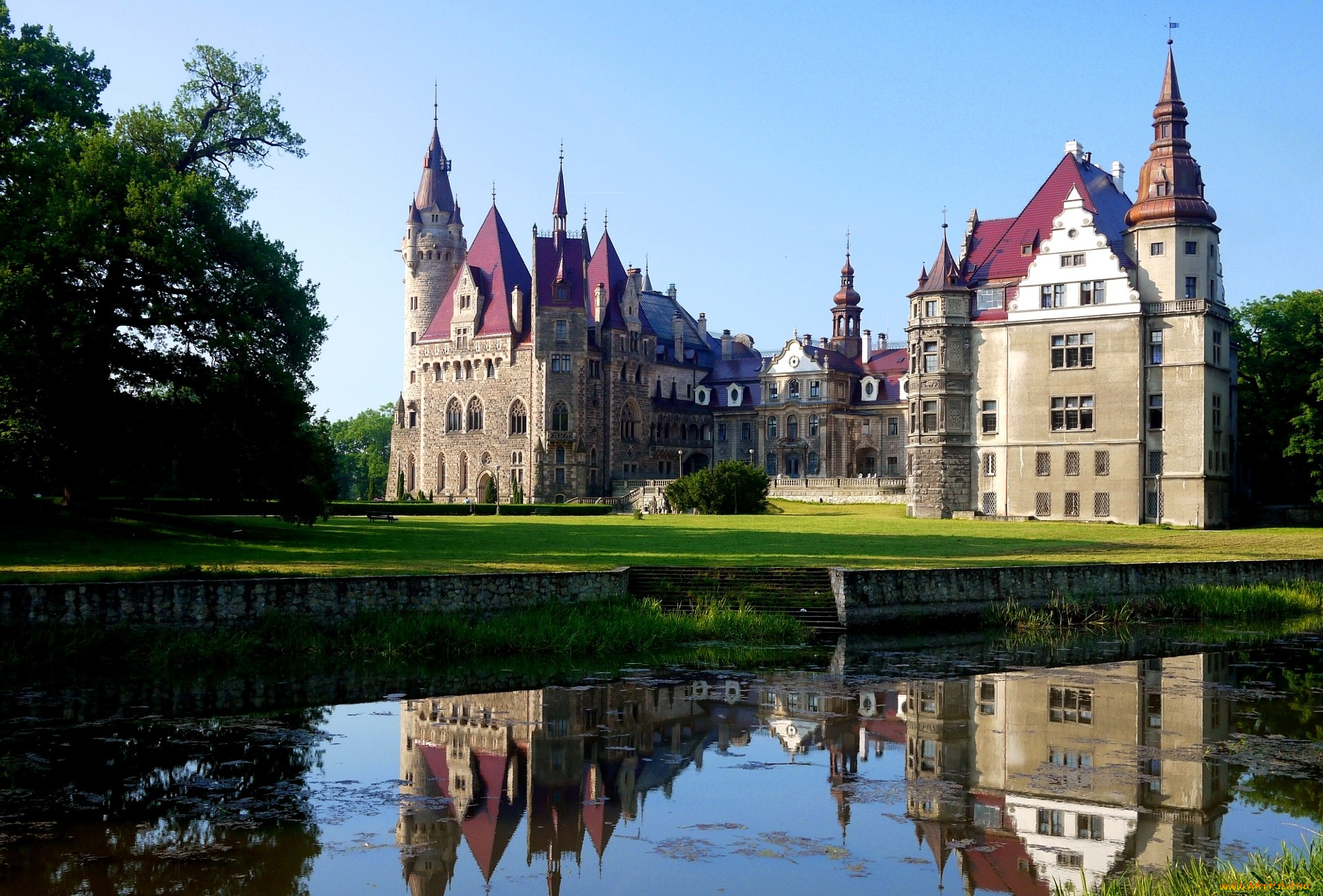 замок, можна, польша, города, дворцы, замки, крепости, вода, каменный, деревья